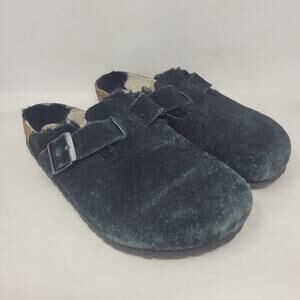 Birkenstock Boston Clogs EU41 US10 Black Suede Shearling Lined Slip On FADED